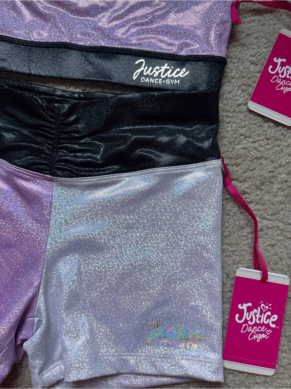 NWT Justice Girls 2-Pc Dance Gym Set – Holographic Purple & Silver (Size L)
